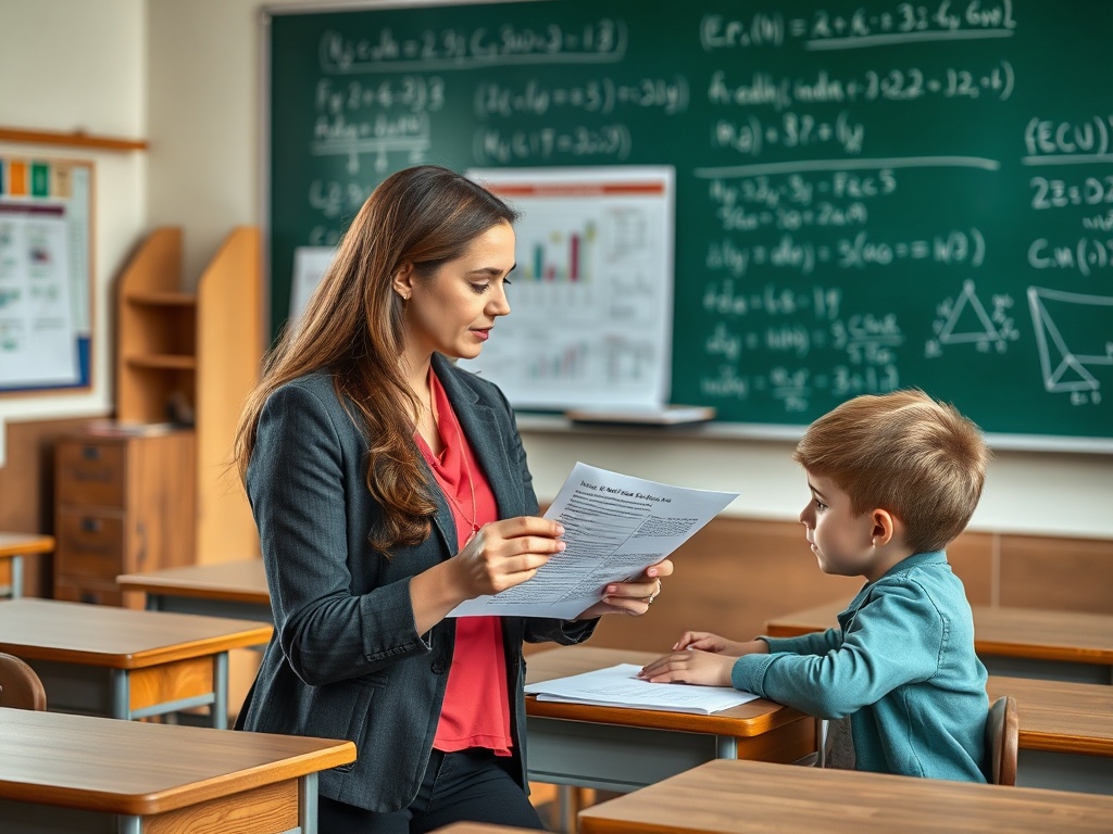 Учительница обсуждает с учеником задание в классе, на доске написаны математические формулы.