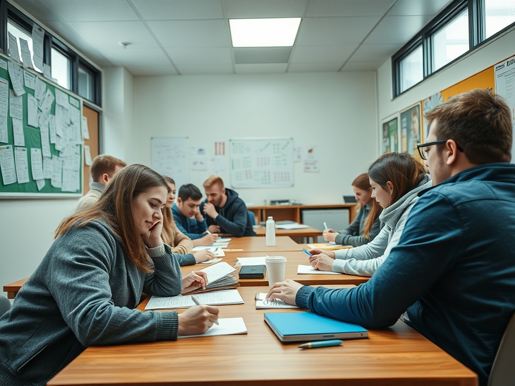 Группа студентов занимается в аудитории, записывая уроки и обсуждая задания за столом.