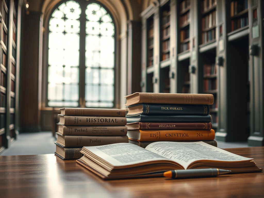 На столе в библиотеке лежат книги и открытая книга с карандашом рядом. Светит солнечный свет.