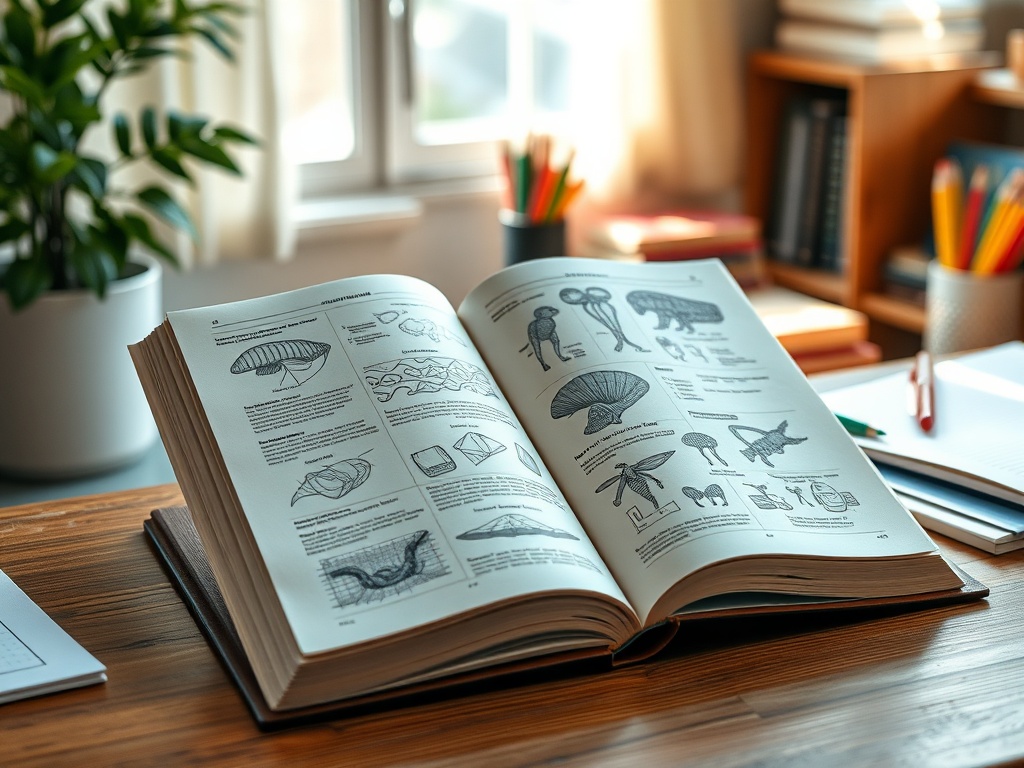 Открытая книга с иллюстрациями, лежащая на столе. На заднем плане видны растения и канцелярские принадлежности.