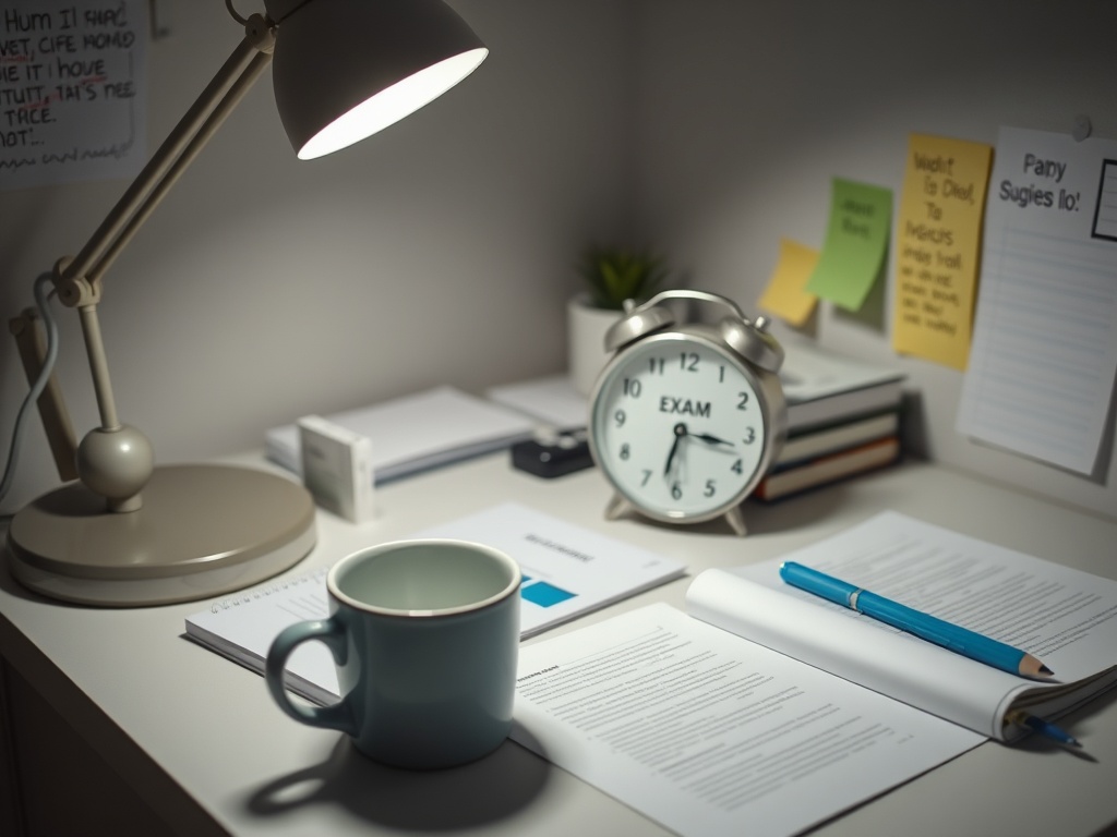Настольная лампа освещает учебный стол, на котором книги, блокноты, часы и чашка. Подготовка к экзамену.