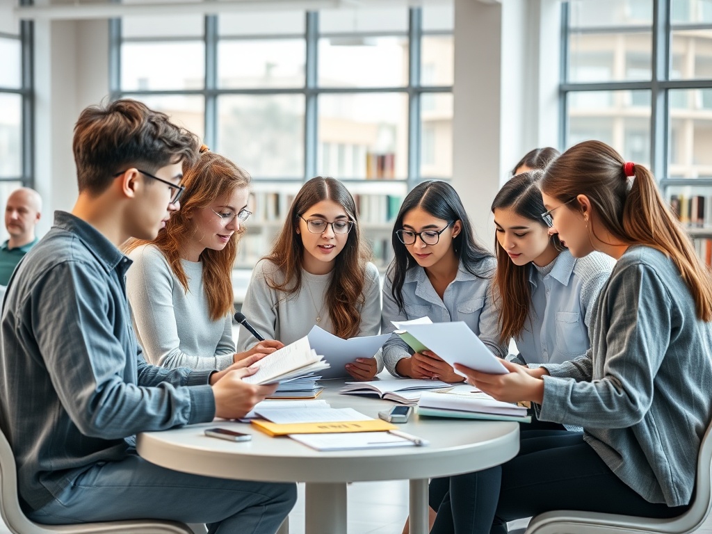 Группа студентов обсуждает материалы за круглым столом в библиотеке. В воздухе царит атмосфера учебы.