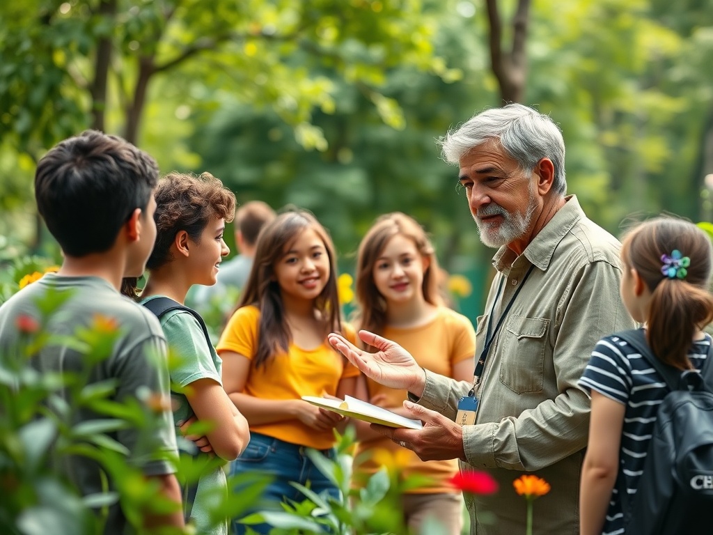Мужчина объясняет что-то группе детей на фоне зелени и цветущих растений в парке.