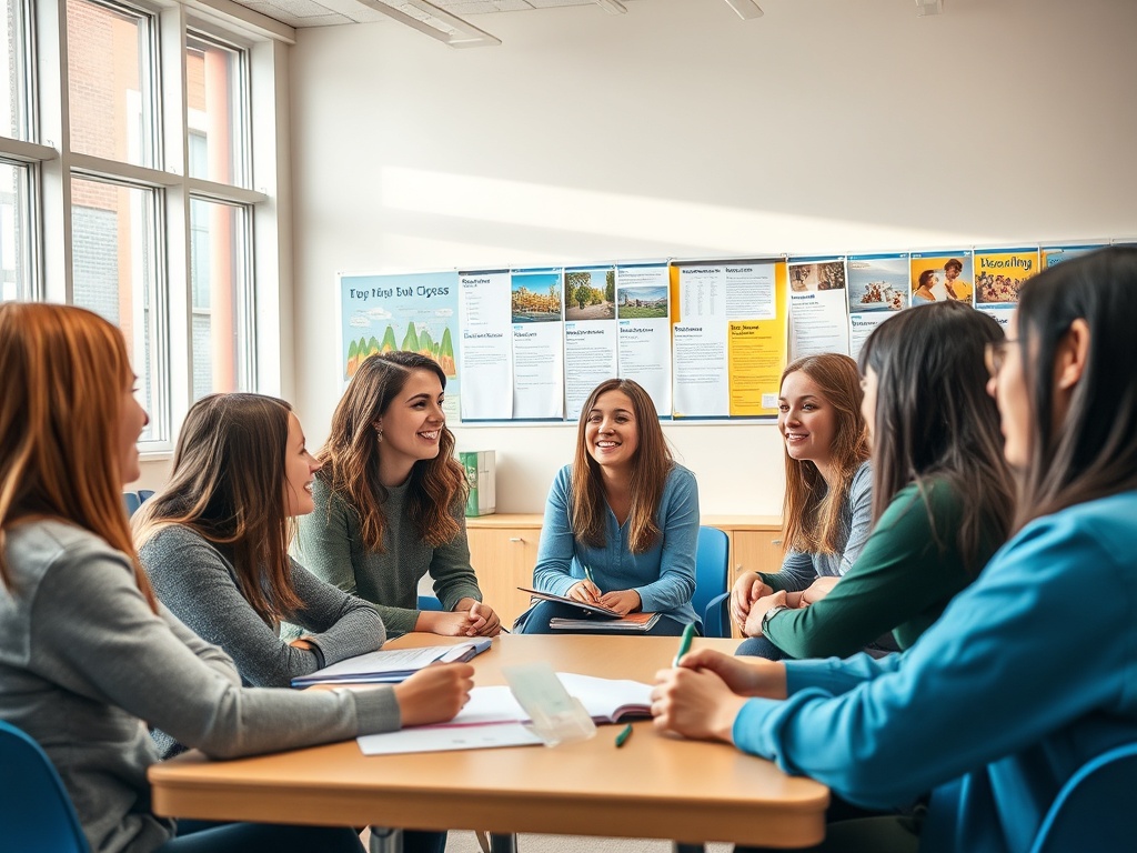 Группа девушек обсуждает задания в классе, сидя за столом и улыбаясь друг другу. Светлое и дружелюбное окружение.