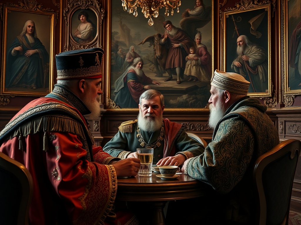 Трое мужчин в исторических костюмах беседуют за столом в роскошной обстановке. На стенах картины.