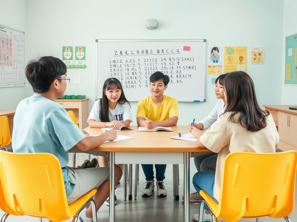 Группа студентов обсуждает учебный материал за столом в классе, на стене видна доска с записями.