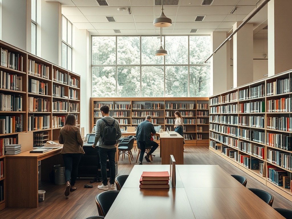 Современная библиотека с читателями, книжными полками и большими окнами, пропускающими свет.