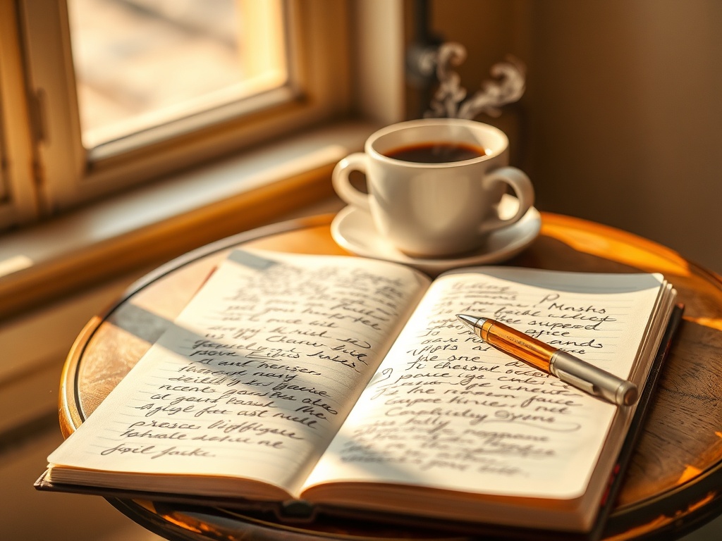 Записная книжка с заметками, ручка и чашка кофе на столе у окна, где падает солнечный свет.